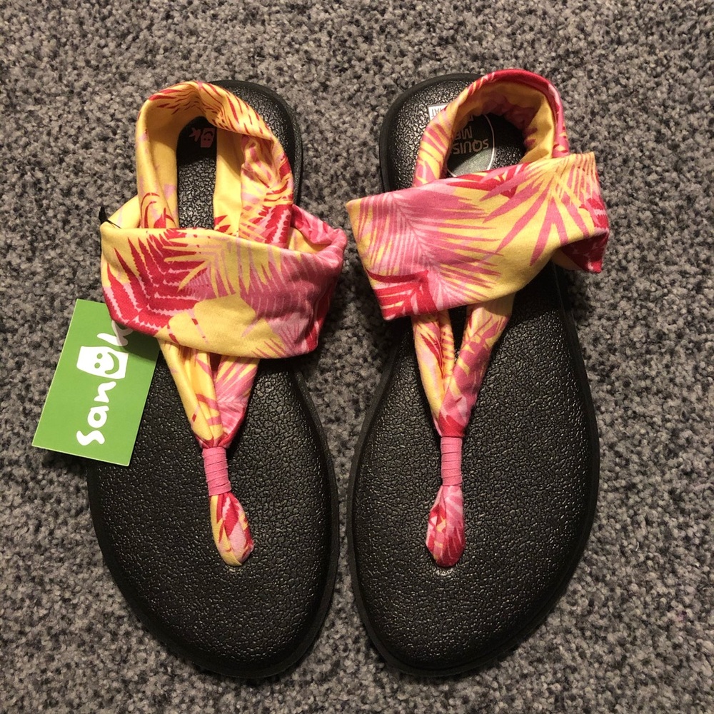 Sanuk Pink and Yellow Floral Twist Yoga Sling Sandals